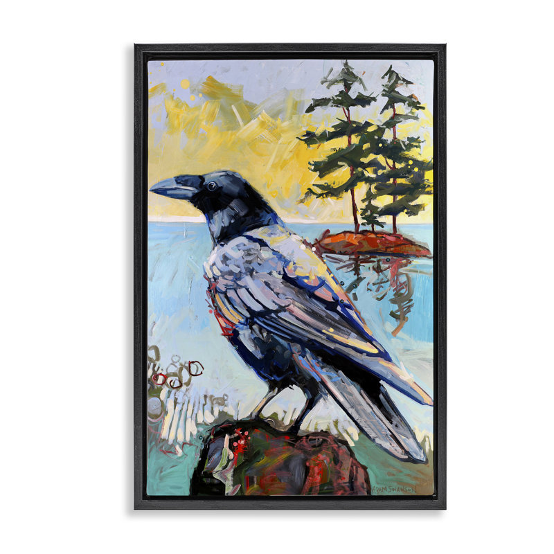 Corbeau dans un paysage moderne encadré, toile flottante par Adam Swanson, H 25 po x l 17 po, Cadre flottant noir de jais
