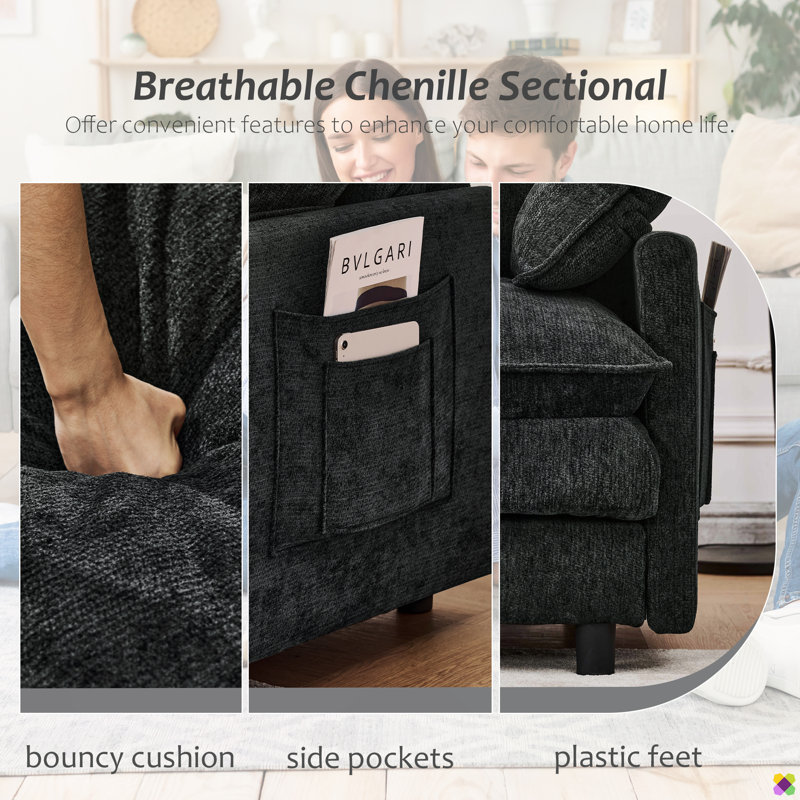 Praylow 101.9"W Modular Chenille L-shape Sectional, Black Chenille