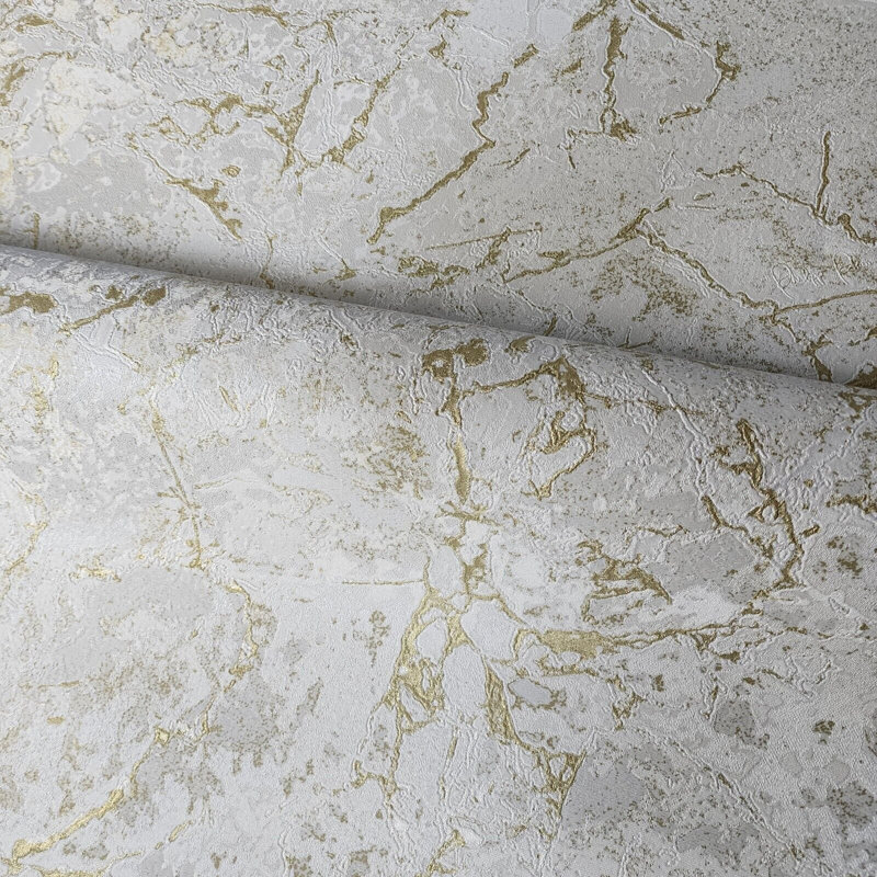 Plain Ivory Off-White Gold Metallic Faux Cracked Concrete Wallpaper