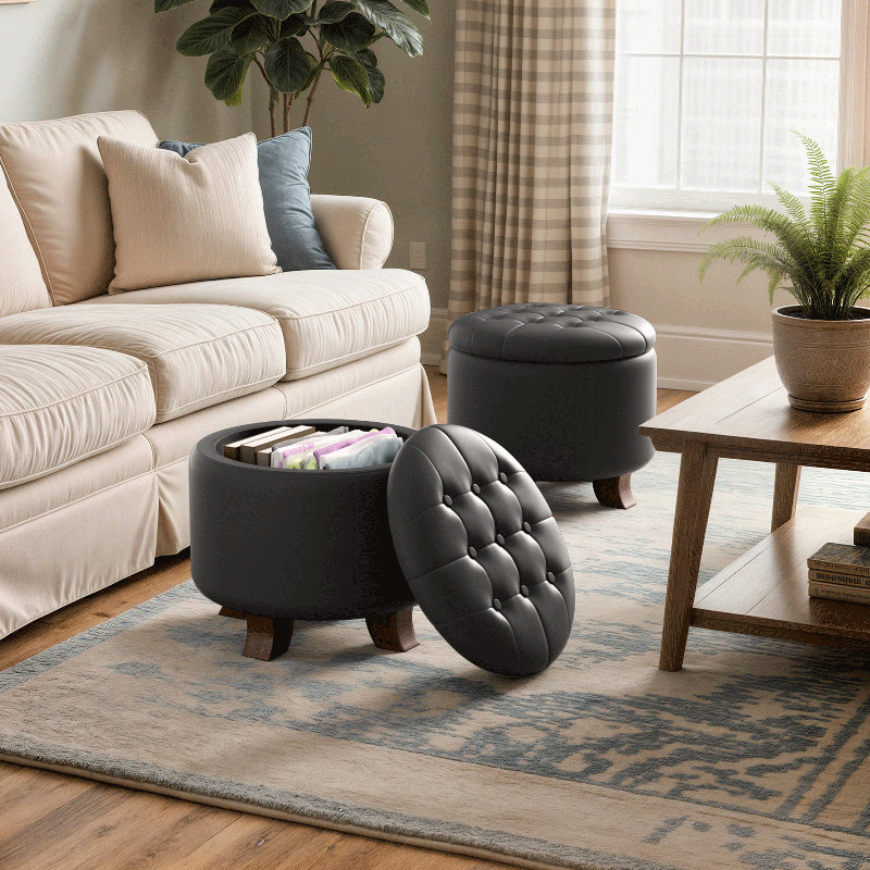 Storage Ottoman With Padded Seat, Modern PU Leather Footrest, Round Stool For Living Room Bedroom, Black
