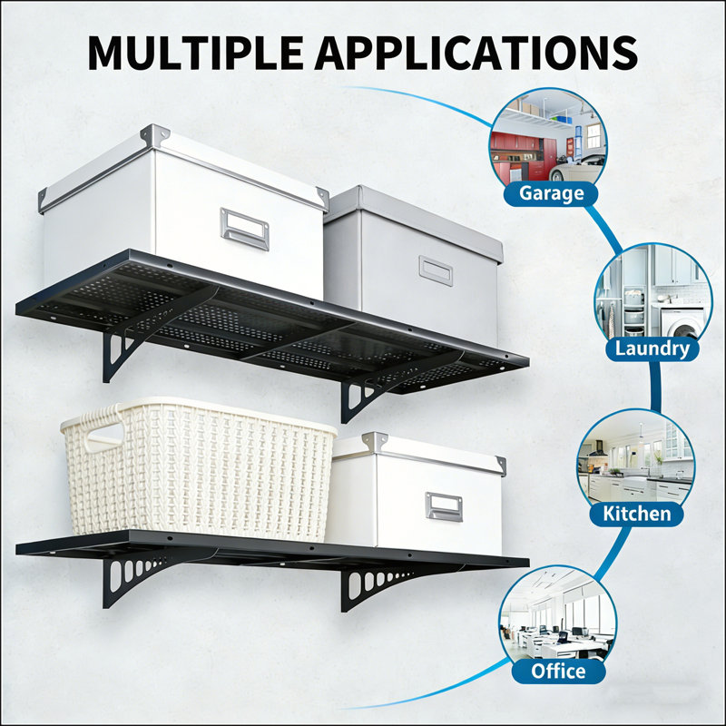 Ensemble de 4 tablettes murales de garage robustes avec crochets intégrés pour le rangement et l'organisation des outils