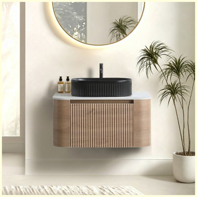 Meuble-lavabo mural avec lavabo, porte-serviettes gratuit, lavabo ovale en céramique rayé noir, pré-assemblé