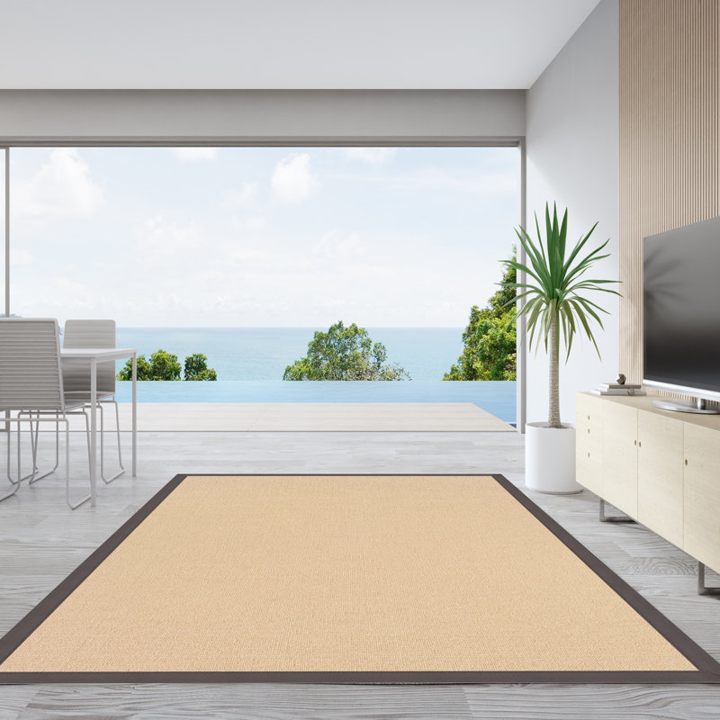 Nannette Handmade Light Beige Berber with Slate Cotton Border Made in the USA Area Rug, Rectangle 9'10" x 13'