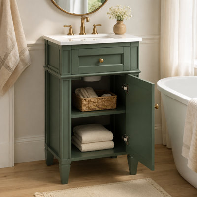 Meuble-lavabo simple de 16,58 po avec lavabo en céramique, armoire autoportante de style français avec porte à fermeture en douceur