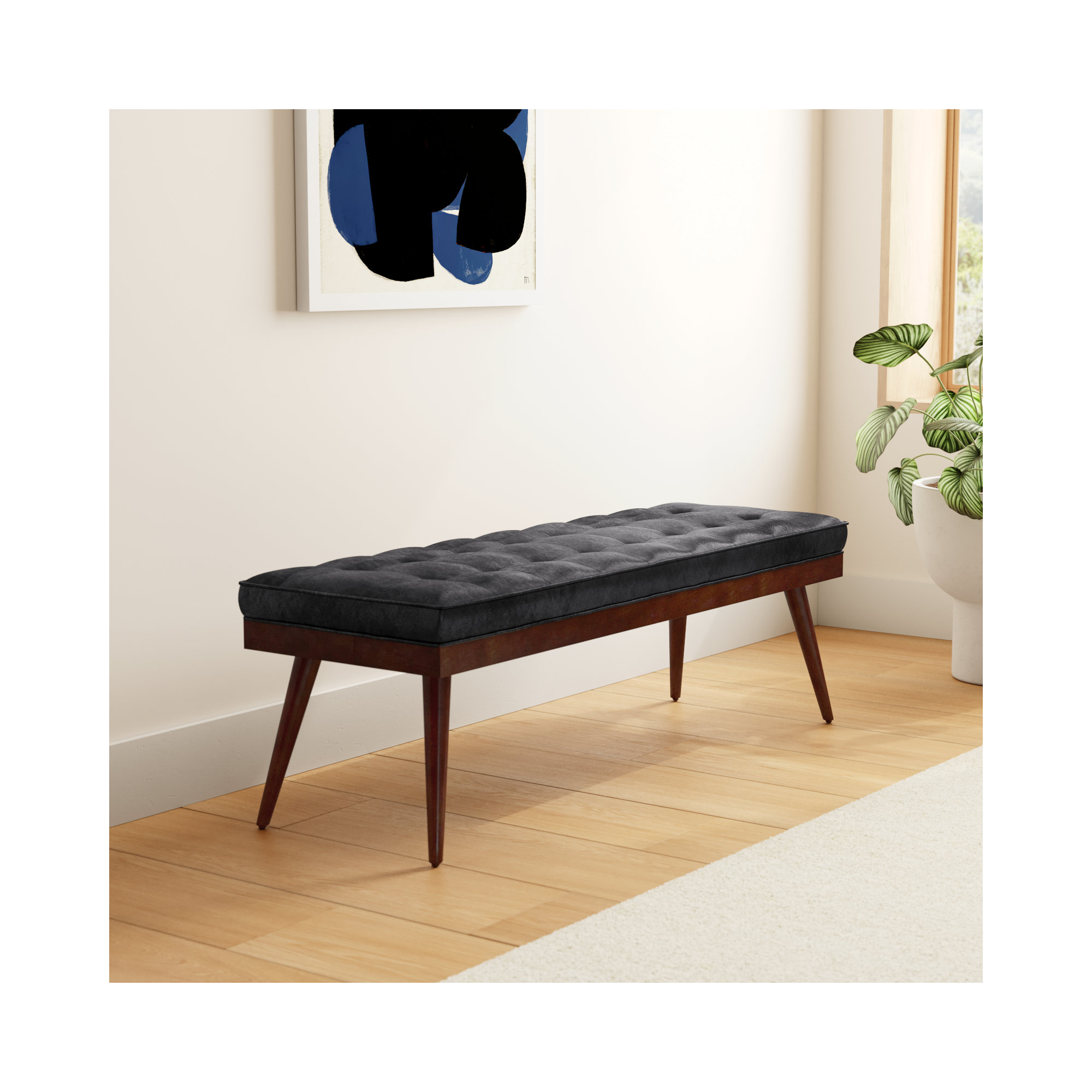 Luca Full-Grain Italian Genuine Leather Bench, Onyx Black