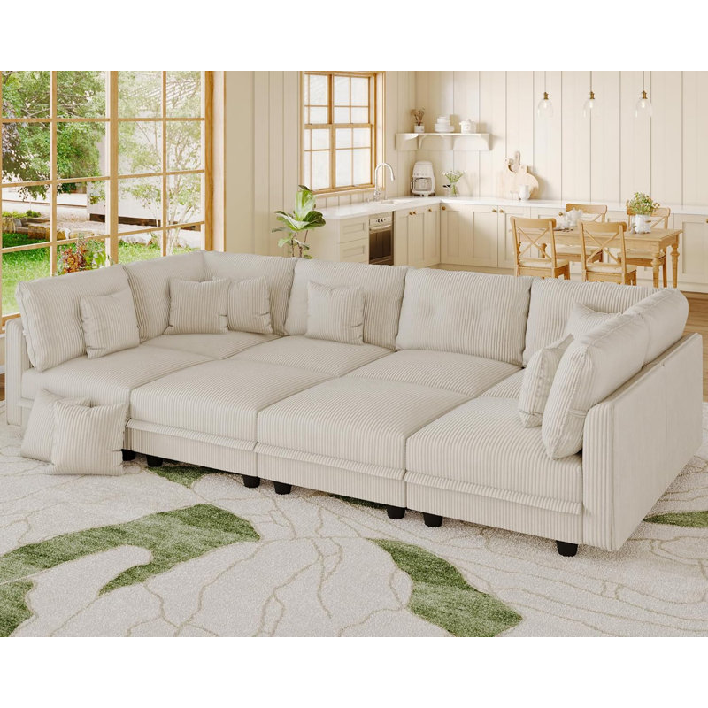 Degennaro 8 Seat Corduroy Convertible Modular Sectional Sleeper With Storage, Beige Corduroy