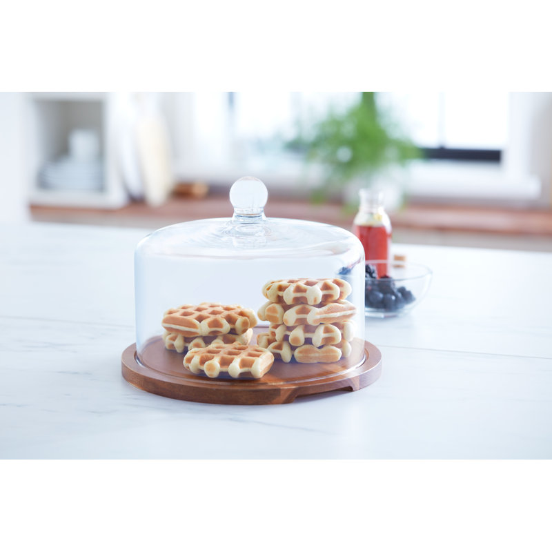 Libbey Round Wood Server Cake Stand with Glass Dome