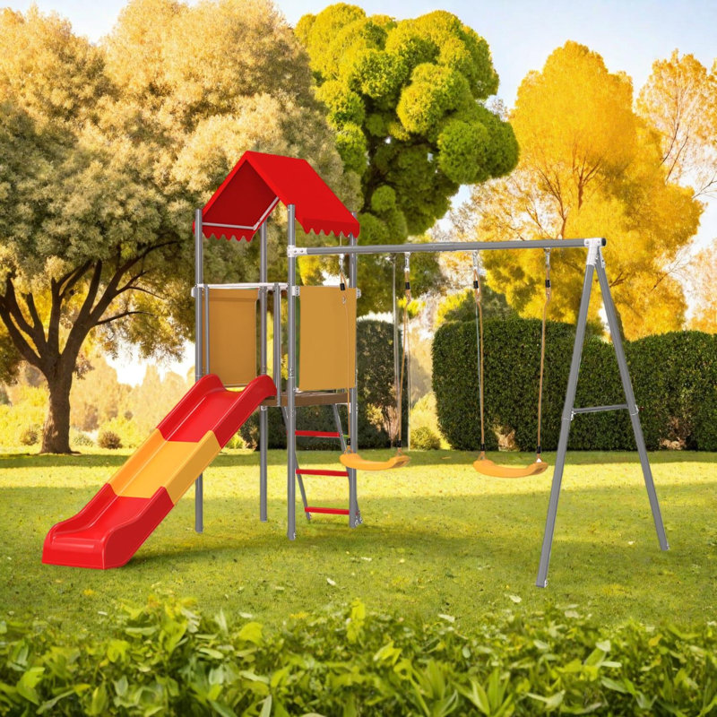 Portique extérieur pour enfants avec glissade, 2 balançoires à ceinture, toit à baldaquin et plateforme de jeu surélevée