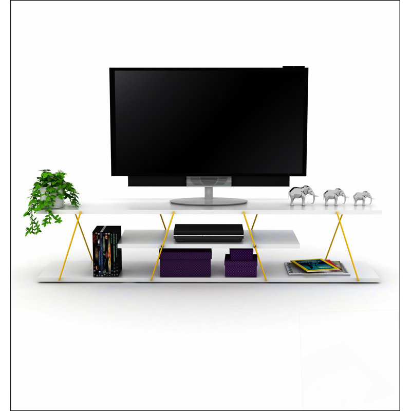 FurnisHome Store Tars Mid Century Modern Tv Stand 4 Shelves Open Storage Metal Cords Entertainment Centre 56 inch Low Tv Unit