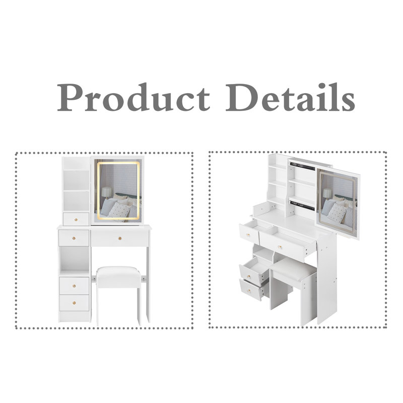 Vanity Table With 1 Stool, White