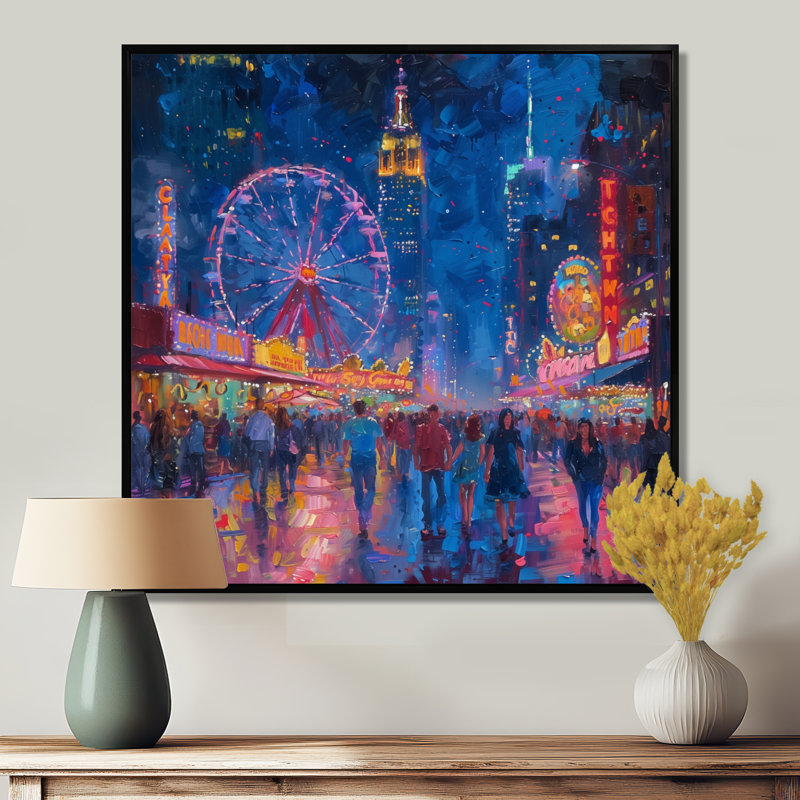 Rose, bleu, parcs d'attractions Neon Nights - décoration murale parcs d'attractions, H 16 po x l 16 po, Cadre flottant noir