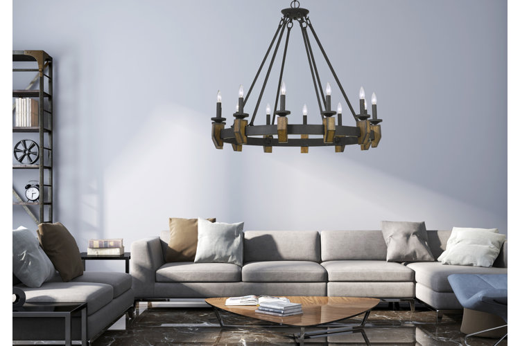 round black steel chandelier with candle-style light bulbs