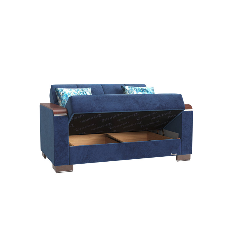 Causeuse rembourrée avec garniture en bois rembourrée avec rangement, microfibre, Bleu