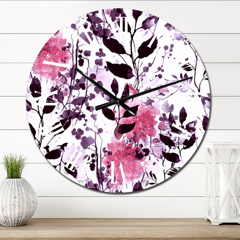 Horloge murale à motif de feuilles roses et noires sur fond blanc, Petit
