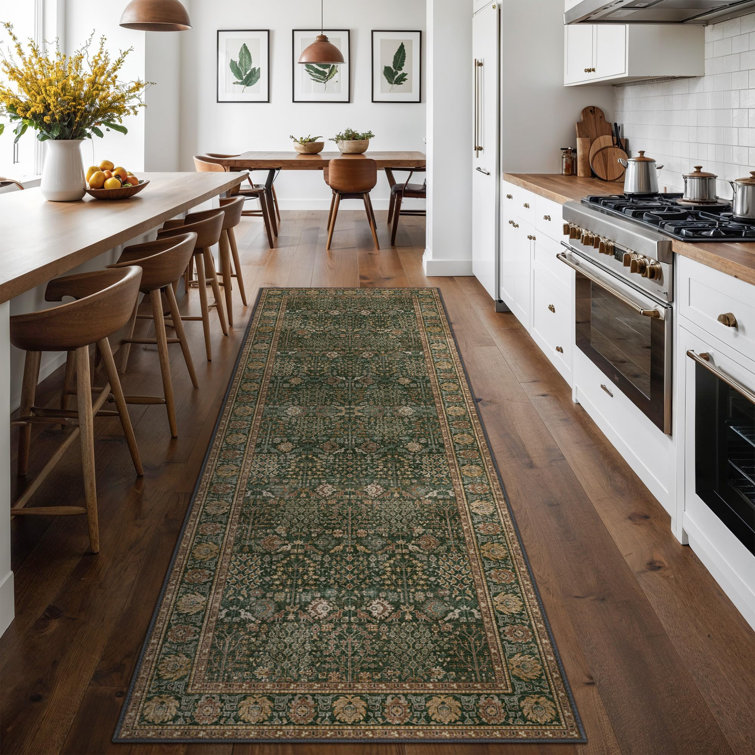 Oriental Neutral Vintage Machine Washable Non-Slip Dark Green Indoor Rug