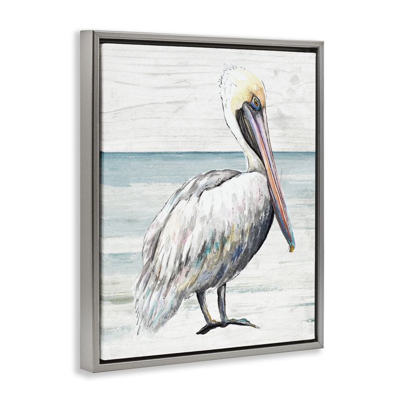 Pélican rustique sur le rivage, Cadre flottant gris lustré, H 21 po x l 17 po
