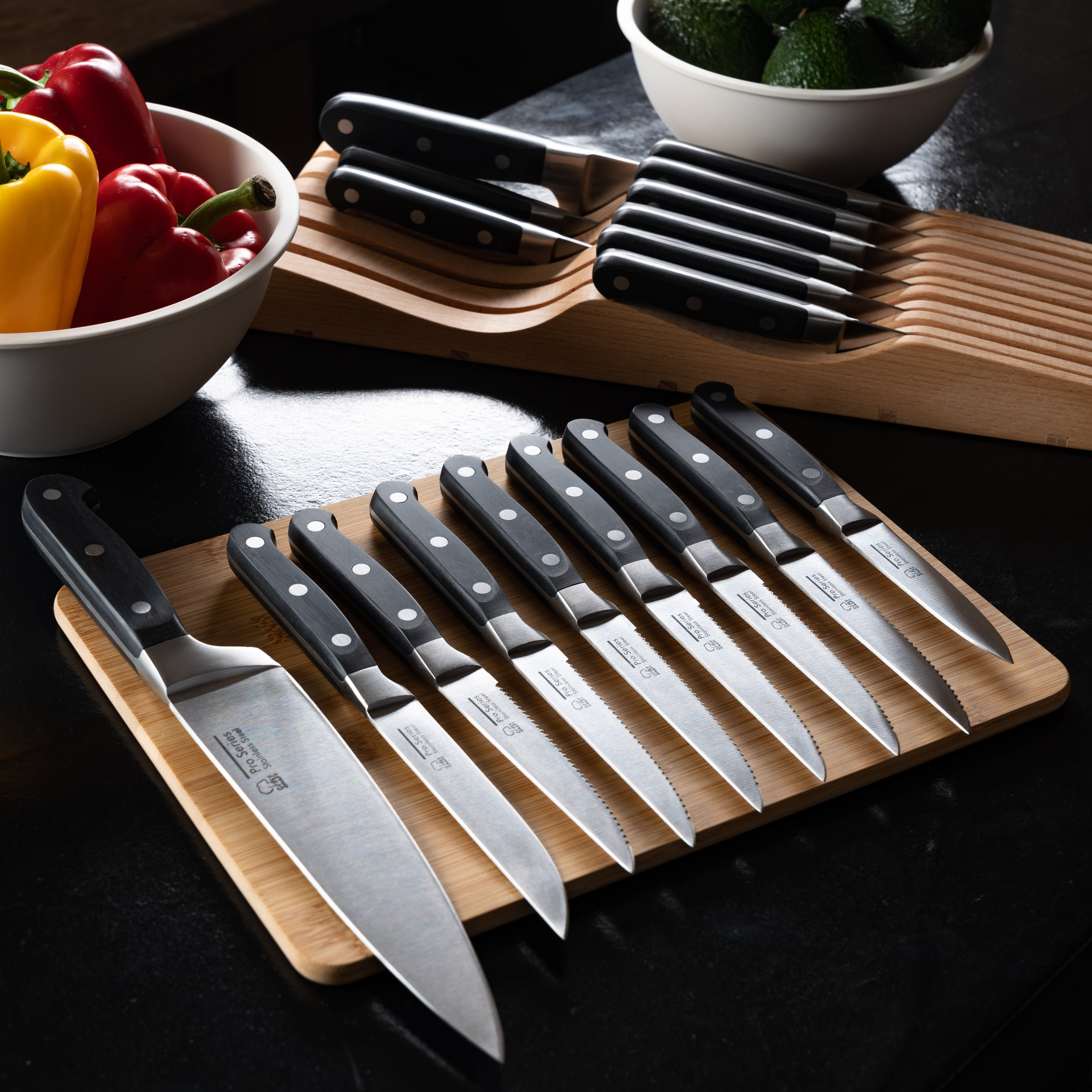Oster Evansville 14 Piece Cutlery Knife Block Set, Stainless Steel w/Linen  White Handles