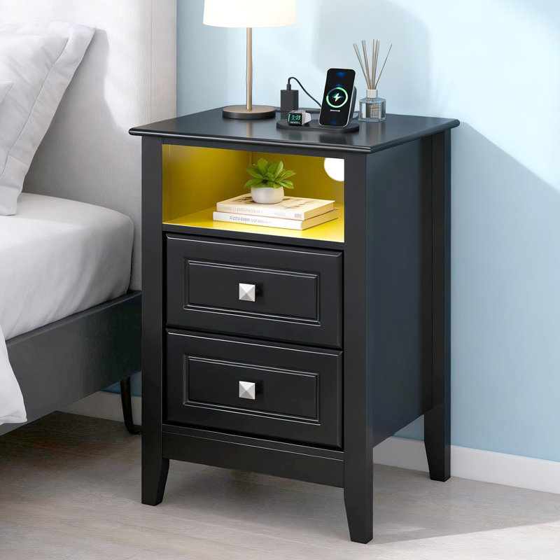 15.75 Inch 2 Drawer Vredenburgh With Shelf Power Outlets And RGB LED Lights, Noir