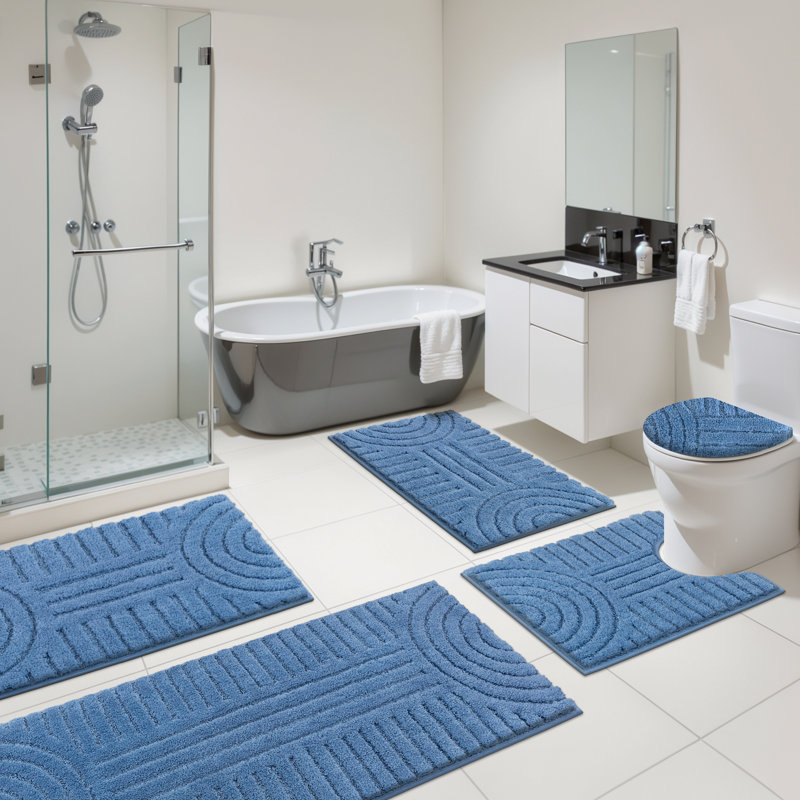 Ensemble de tapis de bain en microfibre 5 pièces avec envers antidérapant, Bleu