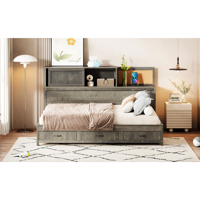 Lit de jour pleine grandeur en bois de couleur grise, livré avec 3 tiroirs de rangement, tête de lit souple et dispositif de chargement pour gadgets mobiles, tablette, douilles Tech