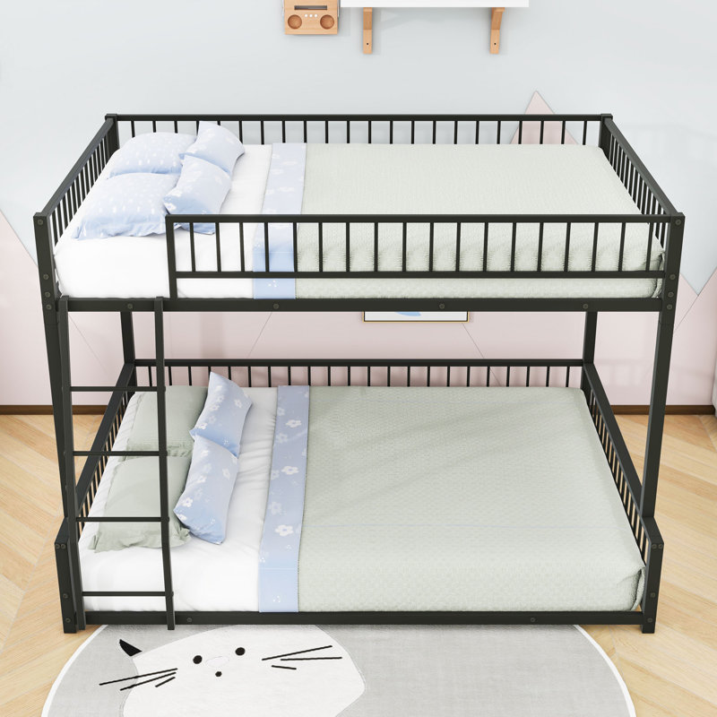Metal Bunk Bed With Ladder And Guardrails, Black, Full XL over Queen