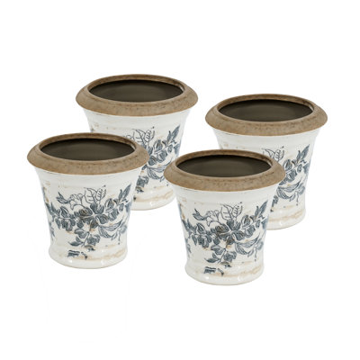 Jardinière en céramique de 5,3 x 5,3 x 5,1 pouces de 4, motif évasé, blanc légèrement vieilli et élégant motif floral noir pour la plantation de verdure de table