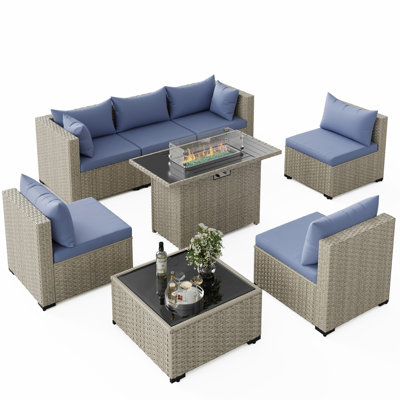 8-Piece Patio Conversation Set With Fire Pit Table, Coffee Table, And Cushions