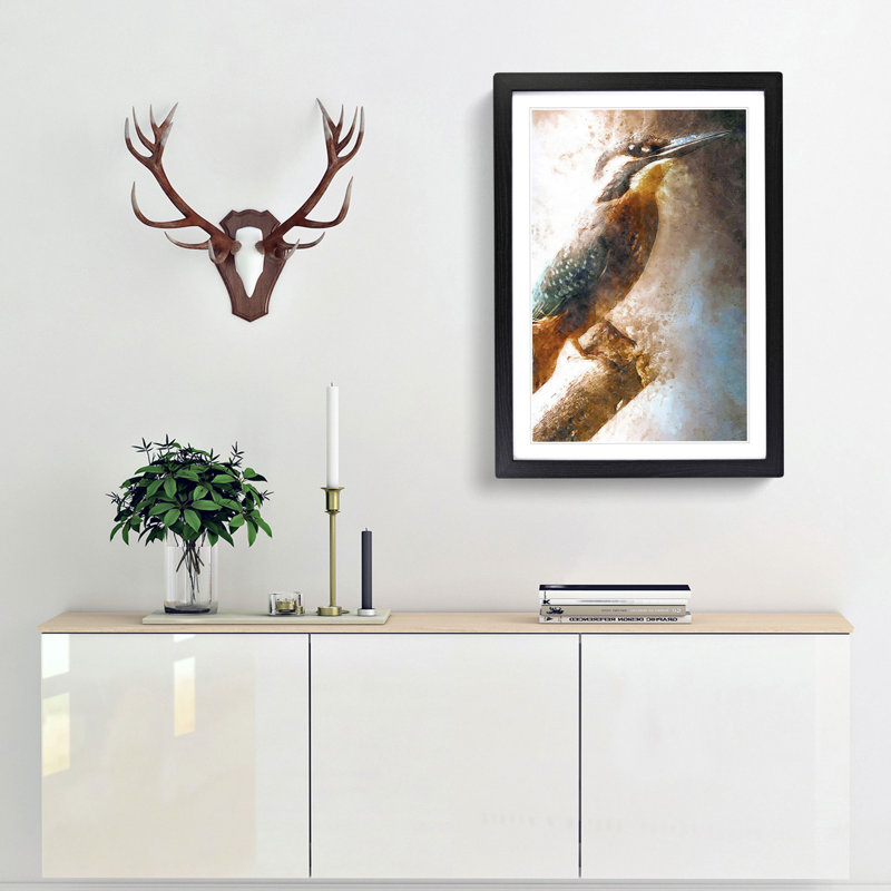 Beautiful Kingfisher Bird in Abstract - Picture Frame Graphic Art Print, 65cm H x 48cm W x 2cm D, Black Framed