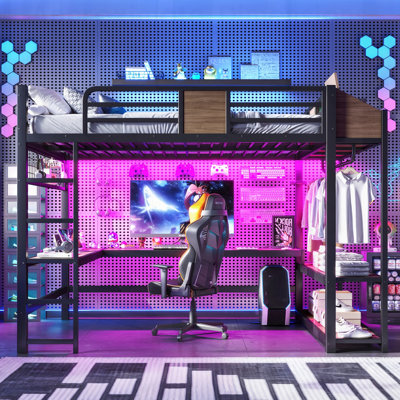 Loft Bed with L-Shaped Desk, Storage Shelves, and Lights, Ideal for Space-Saving and Multifunctional Living