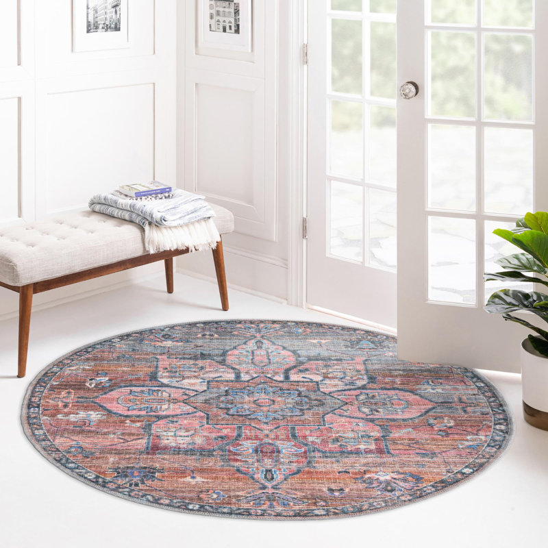 Tapis oriental rose / bleu Gwin, Rond 3 pi 3 po