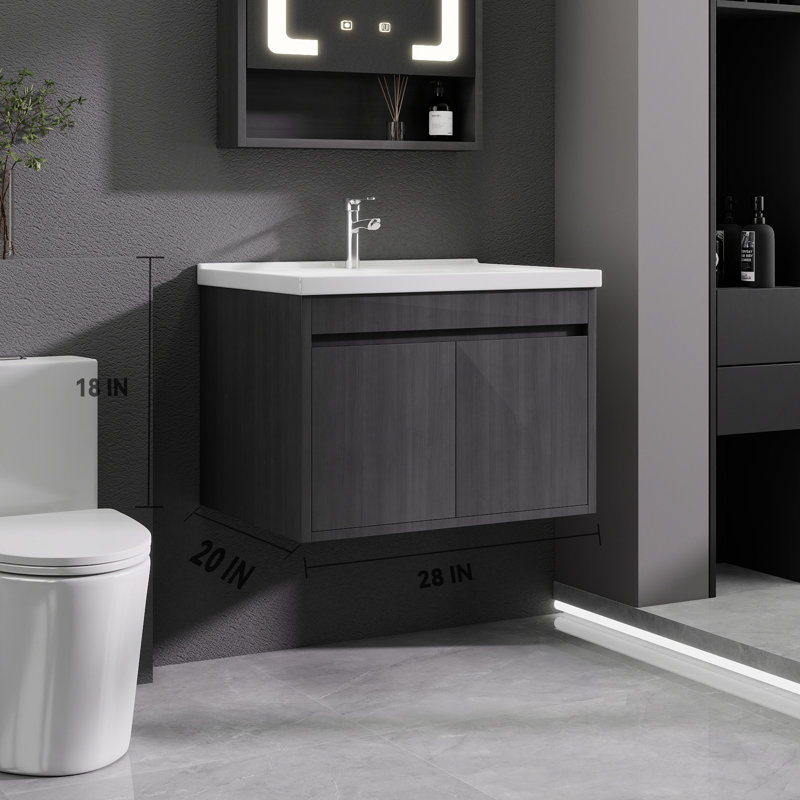 Meuble-lavabo moderne avec lavabo en céramique, chêne gris, conception peu encombrante