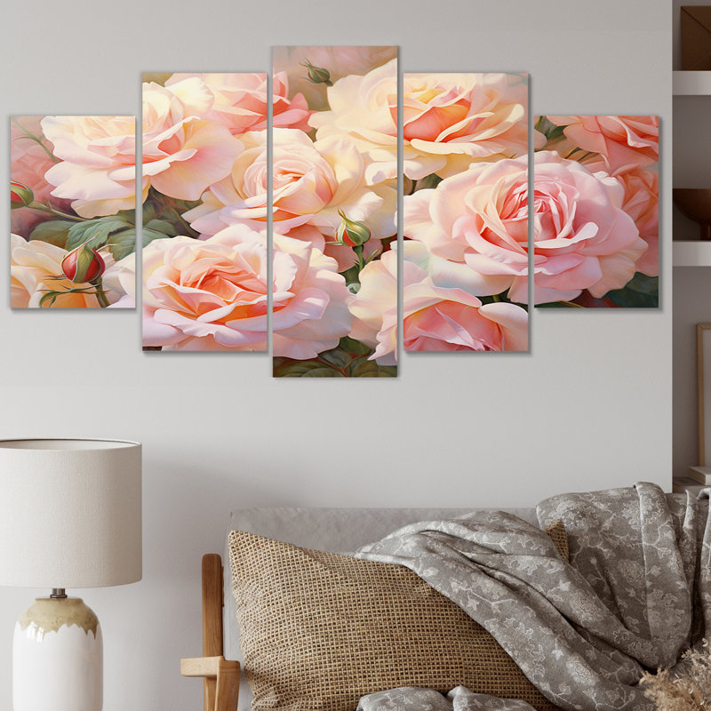 Impression rose romantique roses - décoration murale florale - 5 panneaux