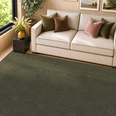 Tapis vert olive vintage 274 x 366 cm lavable pour salon, tapis antidérapant effet vieilli pour salle à manger et chambre, tapis de sol à poils courts résistant aux taches, décor de style ferme moderne