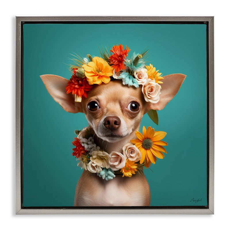 Portrait floral de chihuahua, Cadre flottant gris lustré, 18" H x 18" W