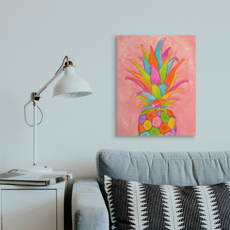 Vibrant ananas fruit amusant rose bleu jaune, Toile tendue, H 30 po x l 24 po