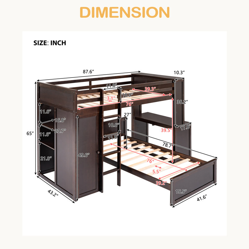 Twin Size Loft Bed With A Stand-Alone Bed, Shelves,Desk,And Wardrobe, Twin Over Twin, Espresso