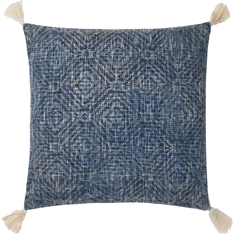 Dark Blue Embroidered Cotton Square Pillow with Tassels