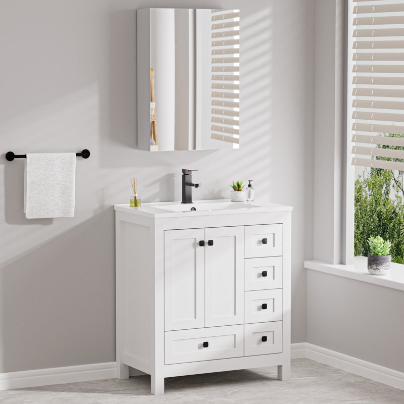 Ensemble de meuble-lavabo simple 30 po avec comptoir en résine Wimer, armoire à pharmacie 20 po avec miroirs, robinet et bonde Wimer