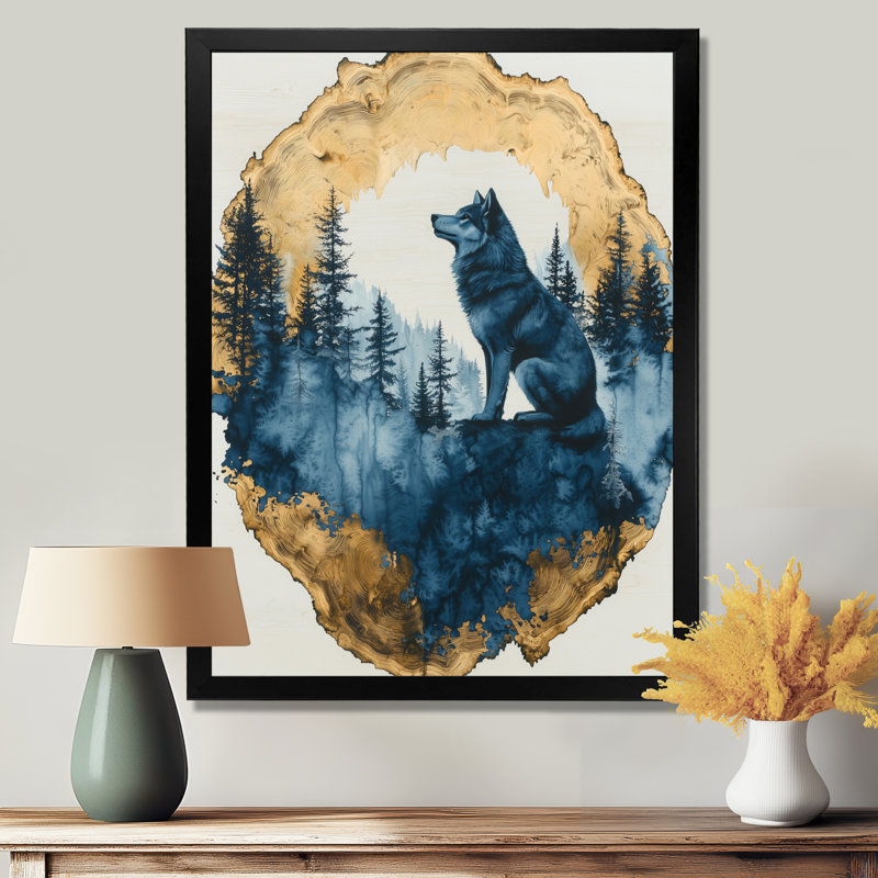 Gradys, loup doré dans un paysage de forêt bleue II - loup, impression d'art mural, H 32 po x l 24 po, Avec cadre, Noir