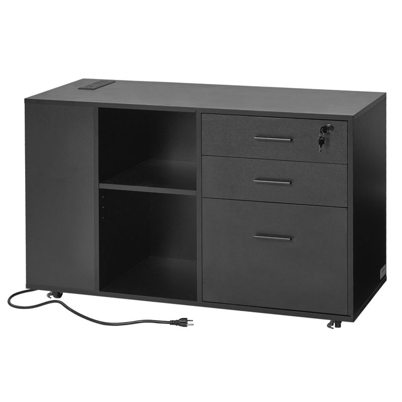 Classeur mobile 3 tiroirs en bois avec multiprise noir