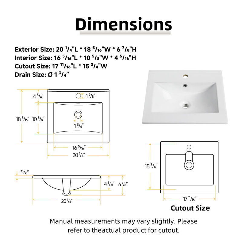 Los Flexi White Drop In Bathroom Sink Ceramic Rectangular with Faucet Hole & Overflow, 20.28" L x 18.31" W x 6.89" H, Single