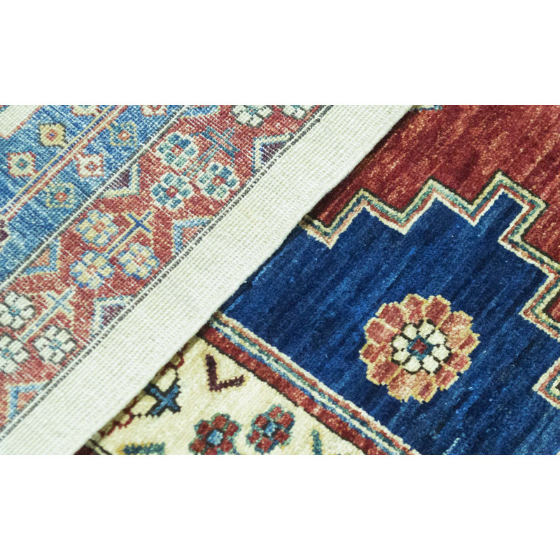 Tapis rouge et bleu noué à la main de haute qualité