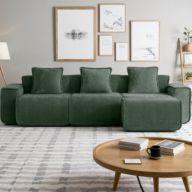 Streamlined Design Modular 3-Seater L-Shape Sectional Boneless Sofa with French Edge Piping, No Assembly Required Velvet Couch with Throw Pillows and Movable Ottoman