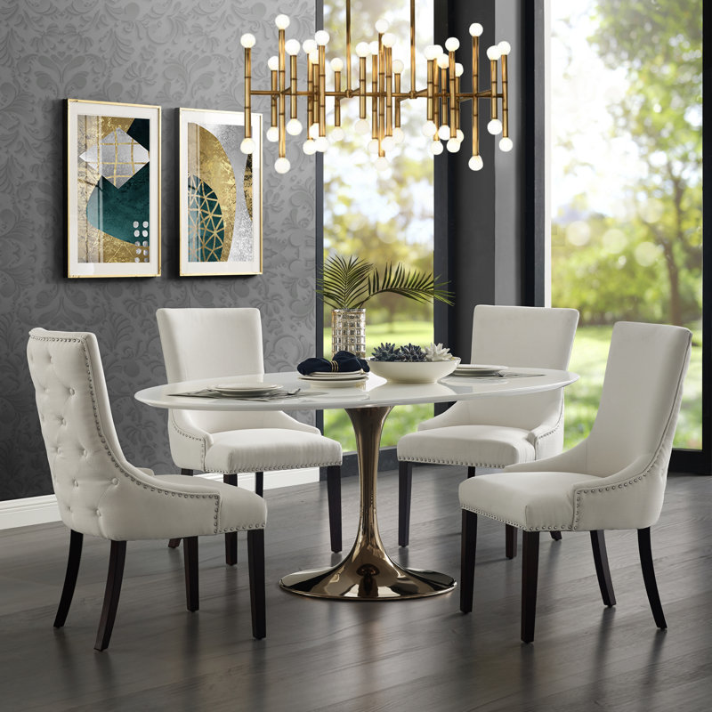 Antoin Oscar Back Tufted Dining Chair w/Chrome Nailhead Trim, Cream Linen