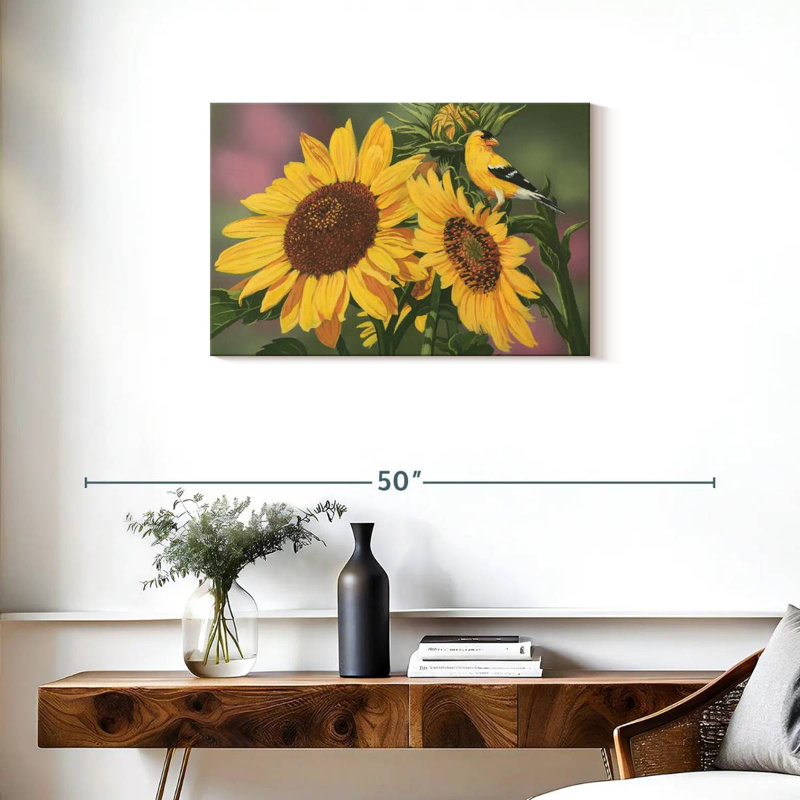 Harnek chardonneret et tournesols, H 20 po x l 30 po
