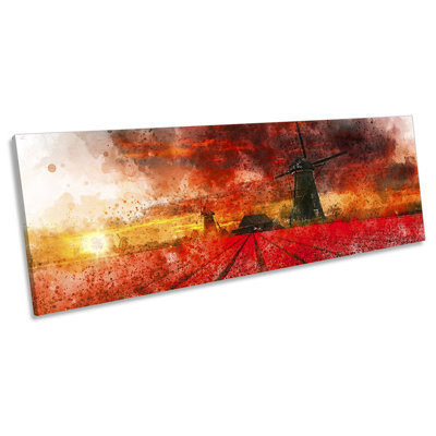 Windmill Landscape Abstract Panoramic - Wrapped Canvas Painting