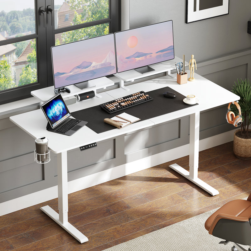 Height Adjustable Standing Desk With Monitor Stand and 2 Adjustable Monitor Shelves, White/White, 46" H x 63" W x 24" D