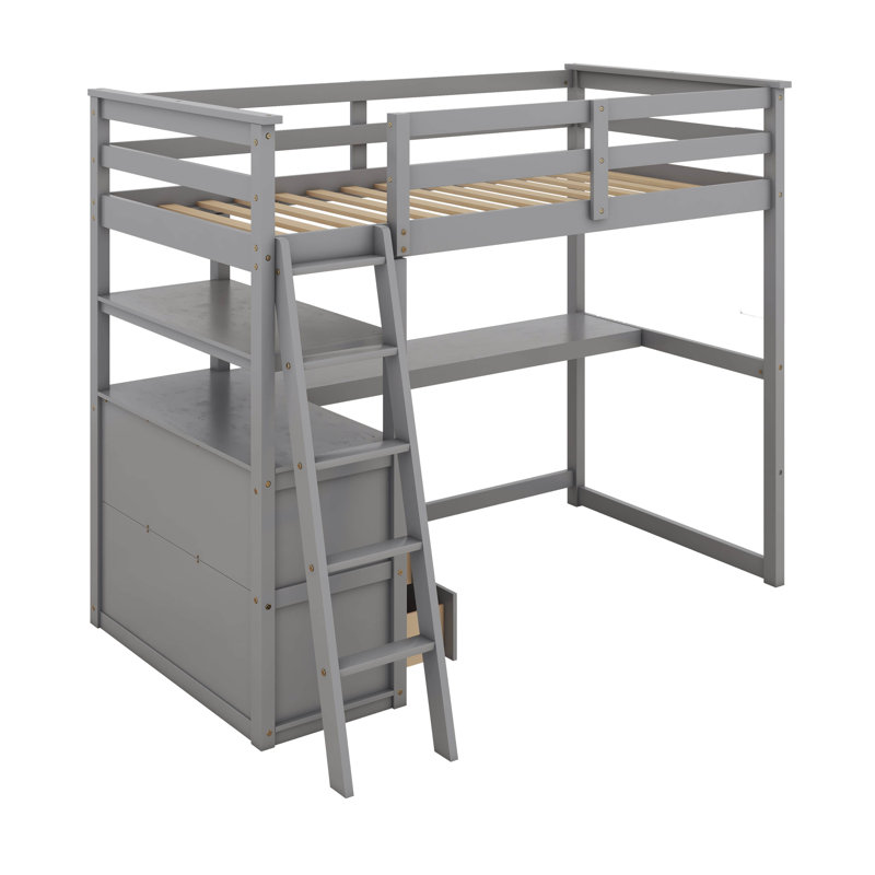 Lit mezzanine simple avec bureau et tablettes, deux tiroirs intégrés, gris