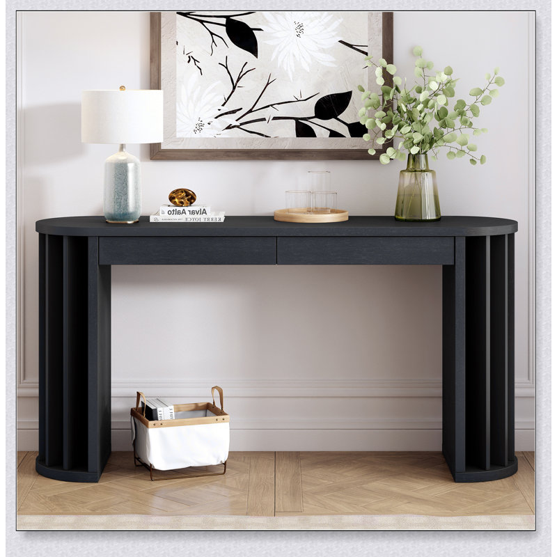 Console de 59 pouces de long avec placage de chêne, conception courbée et linéaire pour un vestibule, un couloir et un salon de style campagne moderne