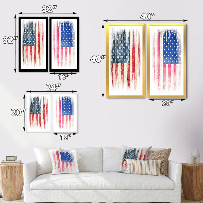 «American Flag Grunge», ensemble de 2 peintures sur toiles, H 32 po x l 32 po x P 1 po, Cadre photo doré